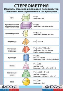 Таблица "Стереометрия. Формулы объемов и площадей поверхностей основных многогранников и тел вращения" (винил) - fgospostavki.ru - Ногинск