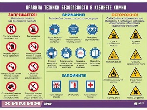 Таблица демонстрационная "Правила техники безопасности в кабинете химии" (винил 70х100) - fgospostavki.ru - Ногинск